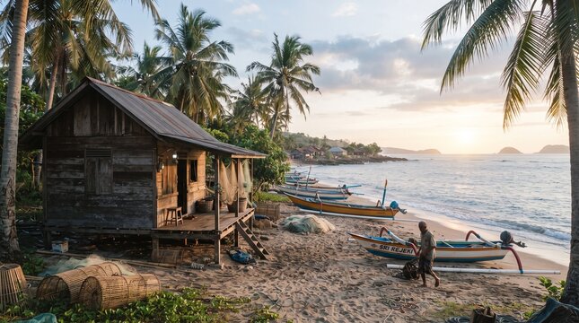 Sunset over a rustic beachfront hut surrounded by palm trees and rocky shoreline.