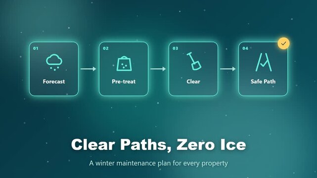 Snow and ice management workflow animation with four icon cards, seamless loop