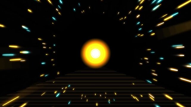 Abstract yellow sphere glowing in dark tunnel with light streaks moving forward cinematic motion