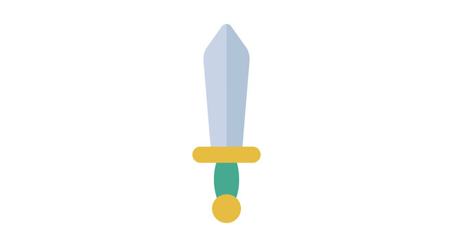 Flat vector illustration of a sword with a yellow and green hilt on a white background