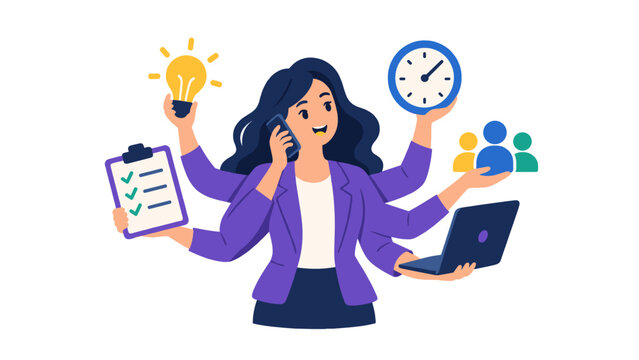 Multitasking businesswoman managing work tasks with phone and laptop