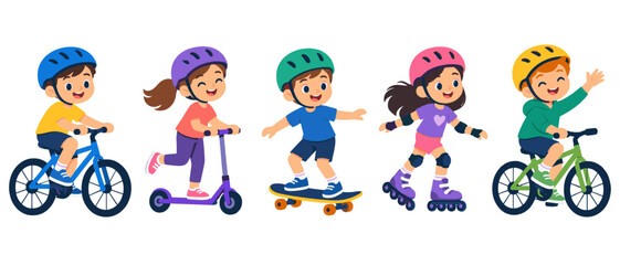 Obraz na płótnie Canvas Children riding bicycles scooters skateboards and roller skates
