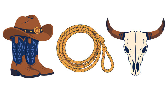 Cowboy hat and boots with a lasso and longhorn skull