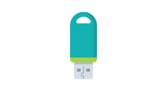 A teal usb flash drive rests against a white background