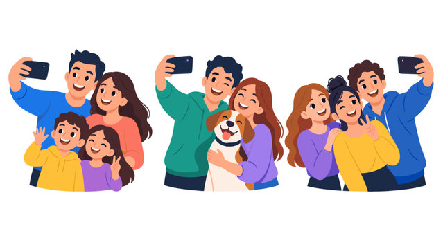 Families and friends taking selfies in three groups