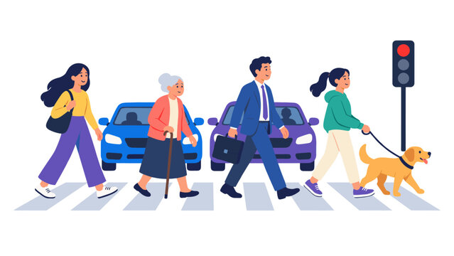 Pedestrians crossing a street with cars and a dog at a red light