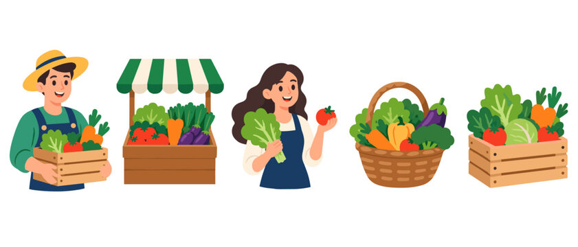 Farmers market set with vendors and fresh vegetables