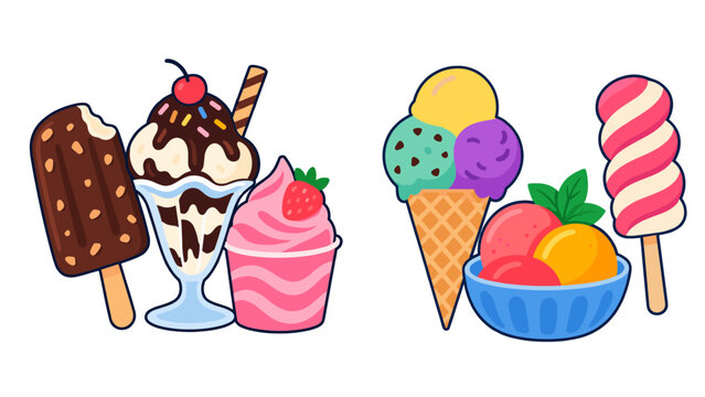 Colorful ice cream treats with cones cups and popsicles