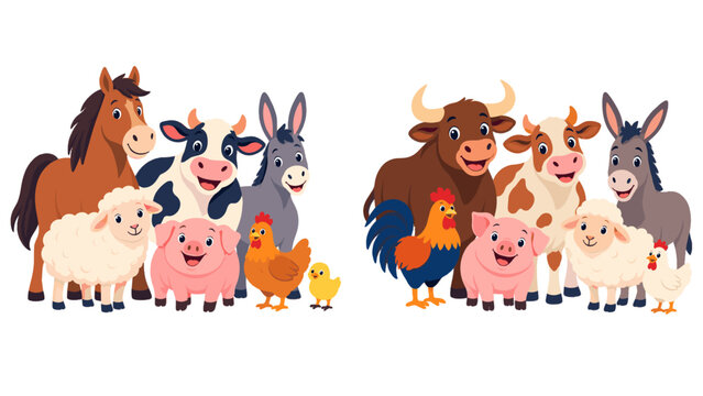 Cheerful cartoon farm animals arranged in two groups