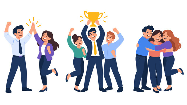 Colleagues celebrating team success with a trophy and high fives