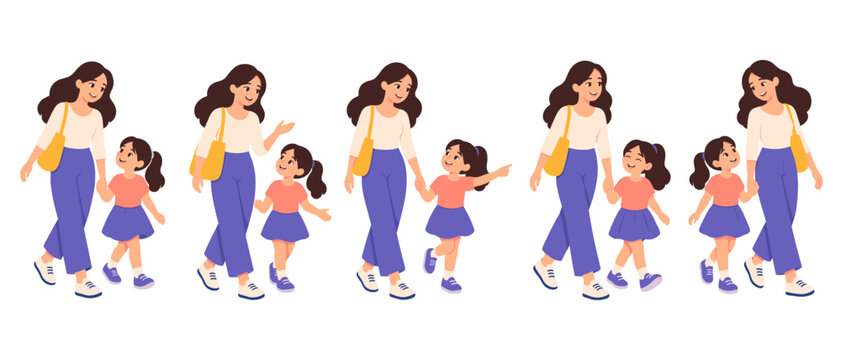 Mother and daughter walking in a sequence of poses