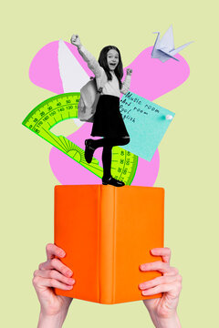 Vertical pop poster banner collage of happy schoolgirl stand hands hold book ruler sticker back to school education nerd leaner