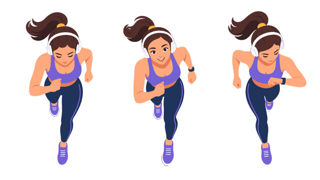 Running woman in three poses with headphones and smartwatch