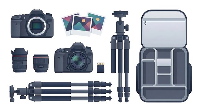Professional photography equipment collection with cameras and lenses.