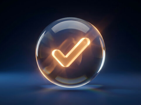 Glowing neon checkmark icon inside a transparent glass sphere