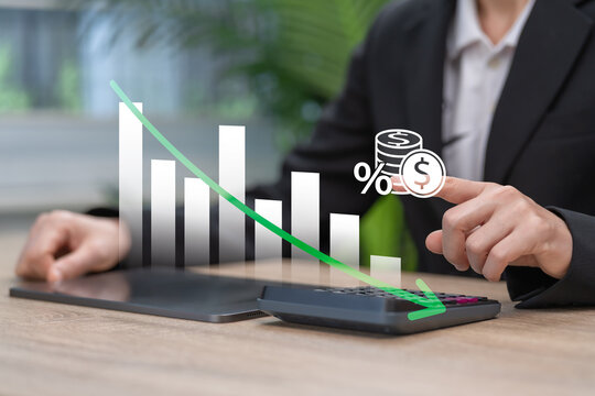 Expense Control and Financial Management Concept, Businesswoman Pointing at Cost Reduction Graph, Budget Management, Financial Planning, Expense Reduction, Cost Control and Business Efficiency