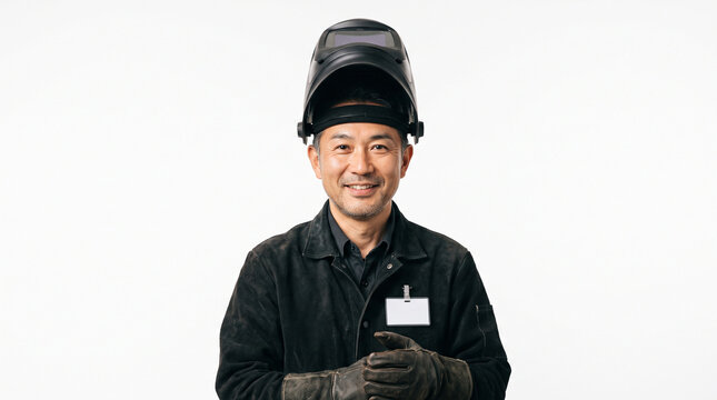 白背景に立つ50代のベテラン溶接工のポートレート：製造業の人材確保と熟練技術
