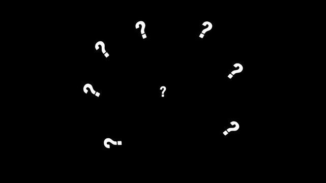 Central pulsing white question mark surrounded by rotating small symbols on dark black background motion graphic video 4k overlay element for educational quiz presentation