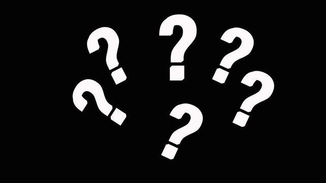 Multiple white question marks floating continuously on dark black background motion graphic animation 4k video overlay element for mystery presentation educational concept design