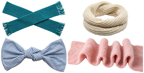 A stylish collection of cozy knit, cotton, and mohair scarves in various colors and styles. © z_to_the_top