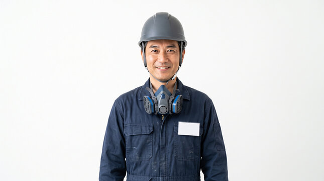 白背景に立つ50代のベテラン塗装工のポートレート：内装業界の人材確保と熟練技術