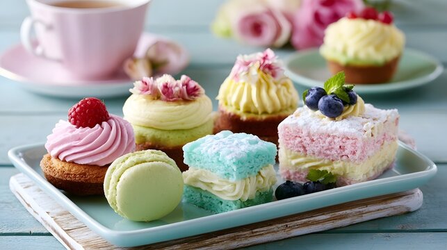 A pastel colored dessert tray with assorted cakes  cupcakes  and a aron  garnished with fresh berries and flowers