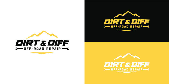 A logo for 'Dirt & Diff Off-Road Repair', featuring yellow mountains above the text. The shop name is written in bold italic font. Below that is a yellow line with two black wrenches at either end.