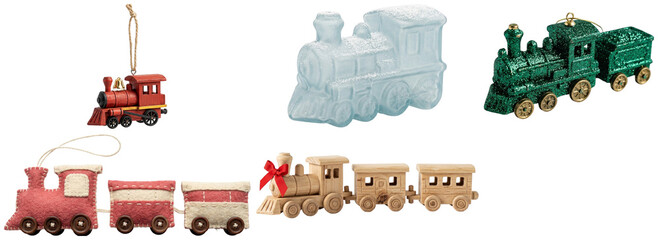 A charming collection of assorted holiday train ornaments crafted in wood, felt, and frosted glass. © z_to_the_top