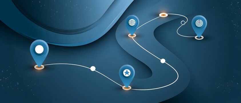 Strategic business roadmap for 2027 with interconnected milestones, market opportunities, performance targets and growth pathways, elegant blue corporate background, premium presentation design