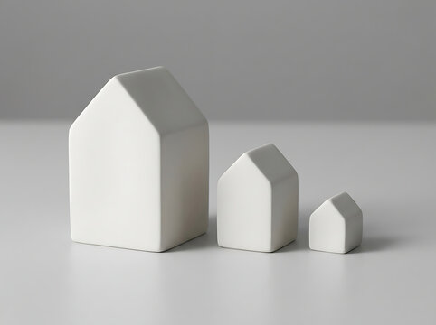 Three minimal white house figurines in varying sizes