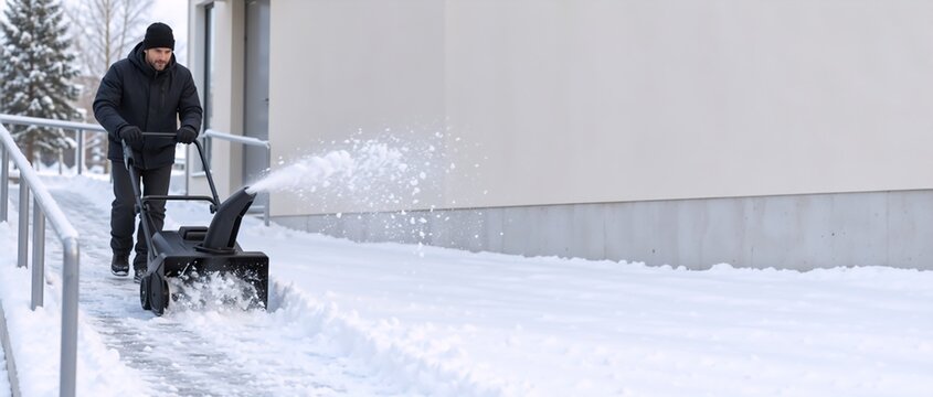 Adult Caucasian man operating an electric snow thrower to clear a pathway in winter conditions, dispersing snow from the chute