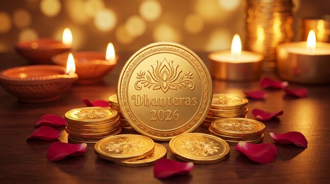 Dhanteras 2026 Gold Coins with Burning Diyas and Red Rose Petals on Wooden Table