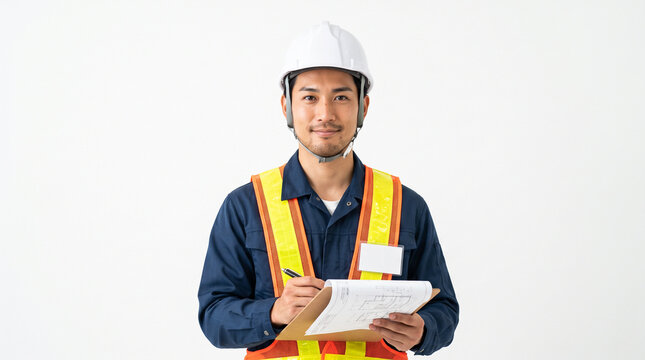 白背景に立つ20代の若手現場監督のポートレート：建設業界の若手育成と建設DX
