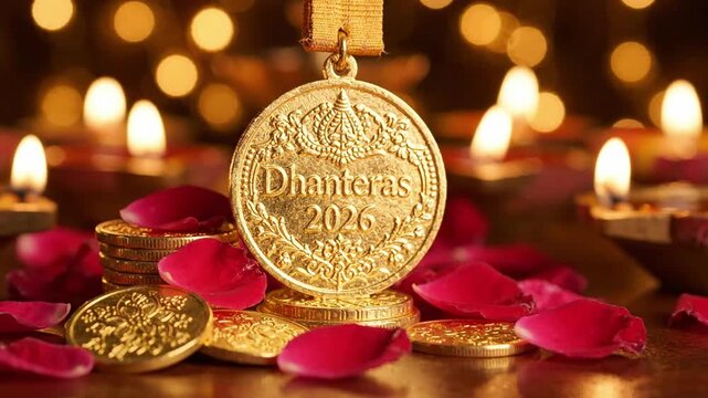 Dhanteras 2026 Gold Coins with Burning Diyas and Red Rose Petals on Wooden Table