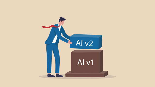 Businessman stacking a blue ai v2 block on of a brown ai v1 base block structure