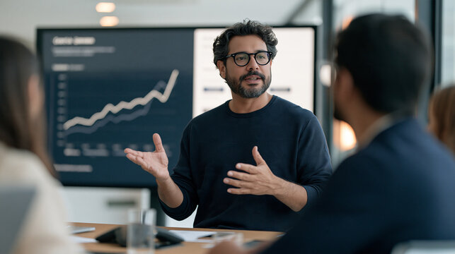 Brazilian fintech startup founder presents an investor pitch deck on a large wall display showing user growth metrics and digital wallet adoption rates in a glass walled