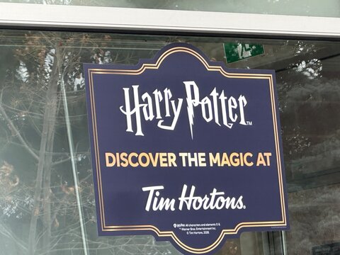Tim Hortons Exterior Restaurant Featuring Harry Potter Promotional Signage. September 30 2026. Alberta Canada. For editorial use only.