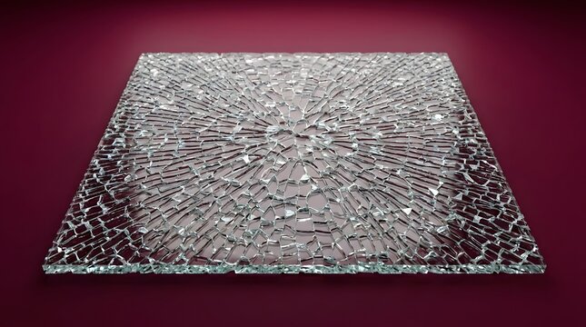 Shattered tempered safety glass plate resting flatly against a deep burgundy dark studio background surface with dramatic lighting