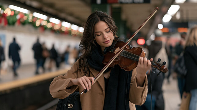 A violinist busking in a subway station notices her instrument case being quietly dragged away by a crouching figure behind her, surrounding commuters unaware, holiday decorations