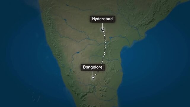 Animated flight route and travel path from Hyderabad to Bangalore on a digital map