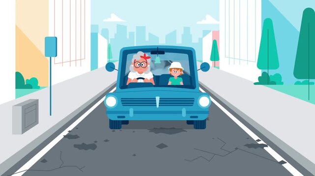 Cartoon grandmother driving blue car carrying cute grandchild through damaged street with potholes in animated video clip