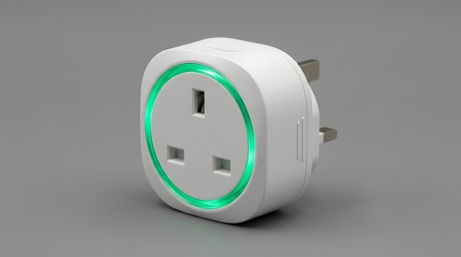 Smart electrical plug adapter featuring glowing green LED ring indicator set against plain grey studio background