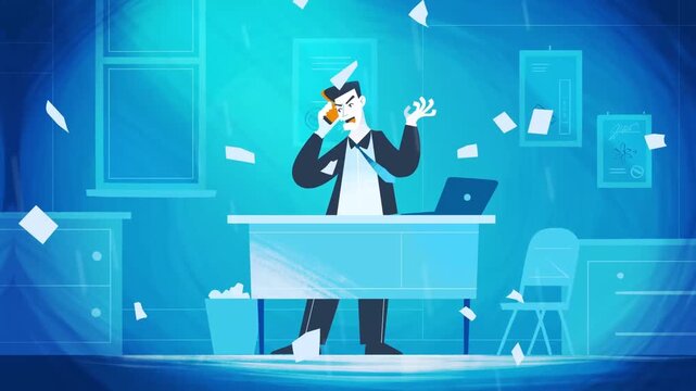 Stressed businessman talking on the phone with flying papers in office animation video footage
