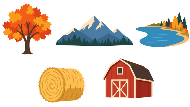 Set of autumn landscape and farm elements with a lake and barn