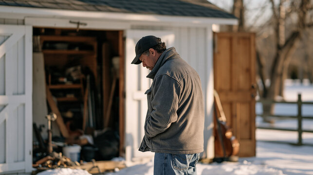 A gardener returns from holiday break to find his locked shed broken into, tools scattered in snow, gate latch bent, checking damage with dismay in a frost-covered backyard,