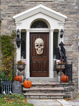 Front door of house with Halloween decorations