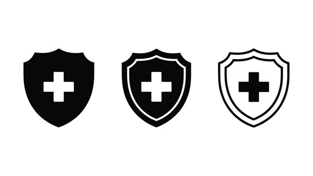Three variations of shield icons featuring a cross symbol representing health and protection in design suitable for medical or emergency themes