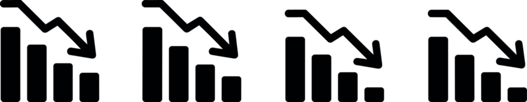 Financial Loss and Downward Trend Bar Chart Icon Set Featuring Negative Progress Arrows for Business Reports Inflation Collapse and Economic Crisis Designs