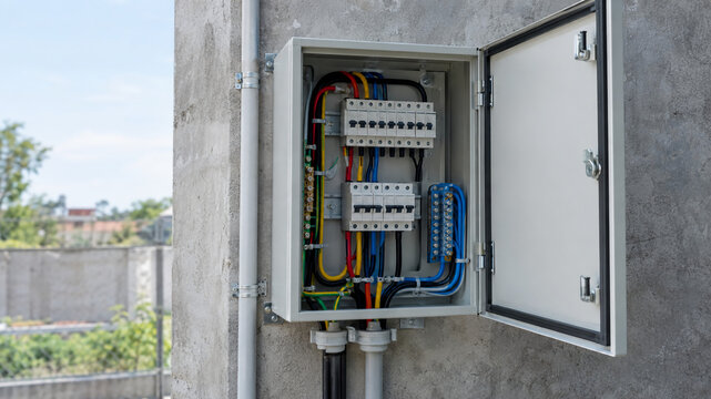 A close-up of an electrical distribution box mounted on a concrete wall, showcasing colorful wires and circuit breakers.