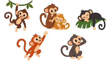 Cartoon monkey character set in playful and resting poses © Andrei